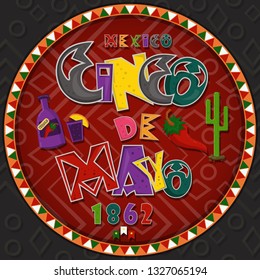 vector design in a circular pattern on a Mexican theme of celebrating Cinco de mayo in style flat inscription calligraphy in the circle of Mexican culture, backgrounds for covers and labels