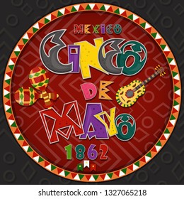 vector design in a circular pattern on a Mexican theme of celebrating Cinco de mayo in style flat inscription calligraphy in the circle of Mexican culture, backgrounds for covers and labels