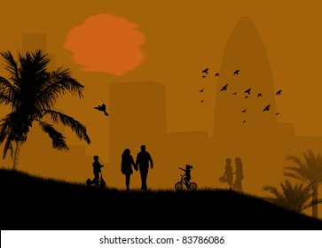 Vector design of city park with lovers and children