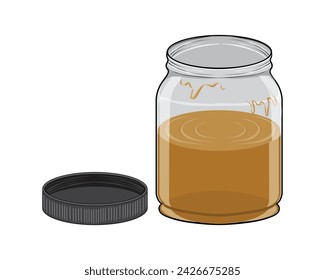 diseño vectorial de una botella de vidrio transparente que está abierta y contiene miel con la tapa en el lado izquierdo