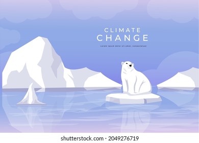 vector design climate change, global warming illustration with melting glaciers and polar bear trapped on chunks of glaciers