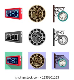 Vector design of clock and time sign. Set of clock and circle vector icon for stock.