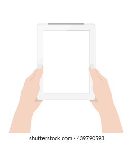 vector design, close up woman hand using digital tablet technology blank screen display on white background