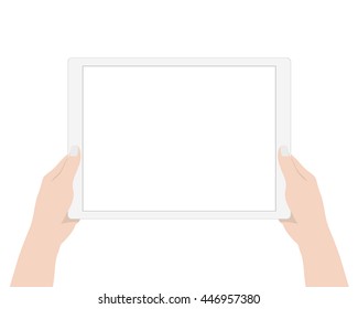 vector design, close up woman hand using digital tablet technology blank screen display on white background