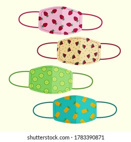 Vektordesign der Stoffmaske zum Schutz vor Viren. Obstmuster-Kollektion.