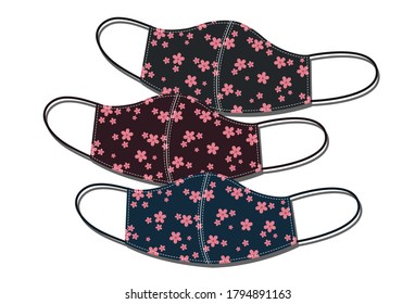 Diseño vectorial de la máscara facial de tela para proteger el virus. Colección de patrones de flores.