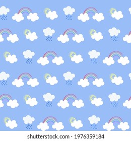 Vector design of clouds, sunshine, raindrops and rainbows. Nursery decor, kids wear, background or wallpaper. Cute weather symbols textile or paper print.