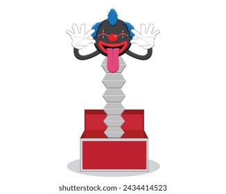 vector design of a clown with two arms coming out of a red box with a round head while making an expression sticking out his tongue as a startling effect