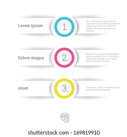 Vector design, cmyk edition of adjustable eps10 composition an abstract minimal geometric paper background based list elements with menu field for numbering for web, print, brochure or infographics 