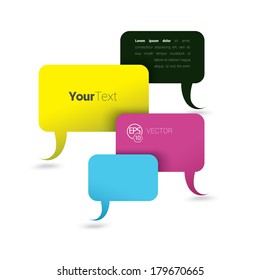 Vector design. CMYK edition of a minimal scalable abstract geometric bubble speech shape composition textbox in white space background . Layout element for web, brochure, presentation, infographics.