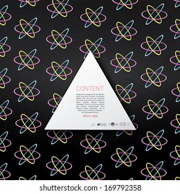 Vector design. Cmyk science edition of minimal scalable abstract contemporary triangle frame textbox with an artistic molecule background. Layout element: web, brochure, presentation or infographics. 