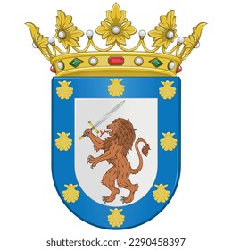 Diseño vectorial del Escudo de Armas de la capital Santiago Chile. Escudo de Santiago Chile con león desenfrenado sosteniendo una espada