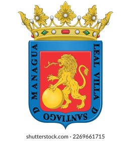 Vector design of the Coat of arms of the city of Managua Nicaragua. Coat of arms of Managua with a rampant lion holding an orb