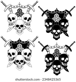 Diseño vectorial del escudo de armas con calaveras y espadas