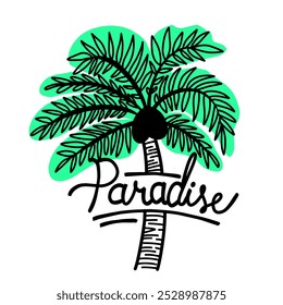 Texto del árbol de coco y del paraíso del diseño del Vector conveniente para la decoración temática del verano, etiqueta engomada, fondo