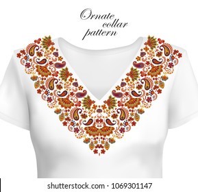 Vector design for collar shirts, shirts, blouses. Colorful ethnic flowers neck. Paisley decorative border. Ornate collar pattern. Brown orange blue.