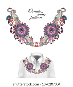 Vector design for collar shirts, shirts, blouses. Colorful ethnic flowers neck. Paisley decorative border. Ornate collar pattern. Pastel blue pink beige