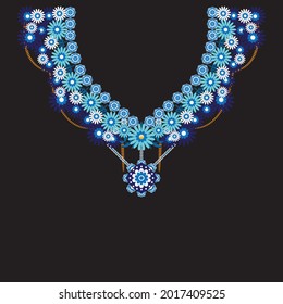 Vector design for collar shirts and blouses. Blue ethnic flowers neck line. Embroidery for Fashion Flora Necklace 