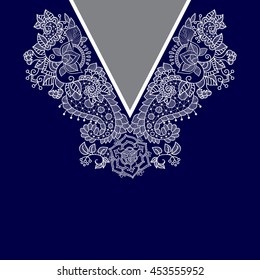 Vector design for collar shirts, shirts, blouses, T-shirt. Two colors ethnic flowers neck. Paisley decorative border