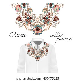 Vektordesign für Kragenhemden, Hemden, Blusen. Farbige ethnische Blumen Nacken. Paisley Zierrahmen. Ornate Kragen Muster. Braunes beiges Blau.