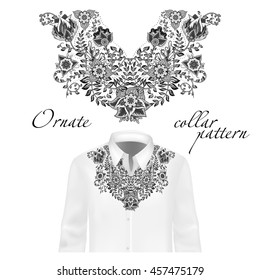 Vector design for collar shirts, shirts, blouses. Colorful ethnic flowers neck. Paisley decorative border. Ornate collar pattern. Gray black white.