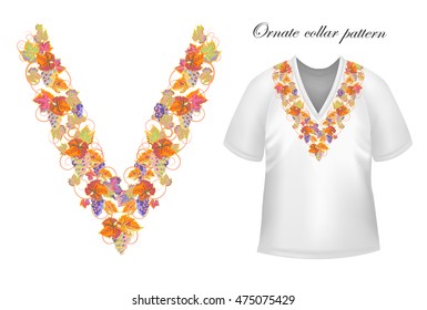 Vector design for collar shirts, blouses, T-shirt. Grapes branch. Colorful embroidery. Seamless border bonus. Orange blue