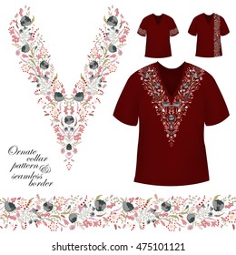 Vector design for collar shirts, blouses, T-shirt. Cute flowers. Colorful embroidery. Seamless border bonus. Pink
