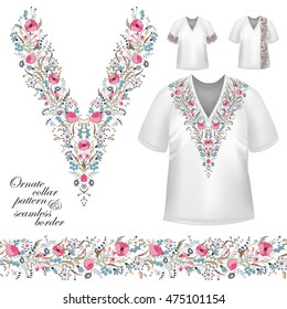 Vector design for collar shirts, blouses, T-shirt. Cute flowers. Colorful embroidery. Seamless border bonus. Pink blue