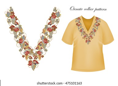 Vector design for collar shirts, blouses, T-shirt. Cute flowers. Colorful embroidery. Seamless border bonus. Pink blue
