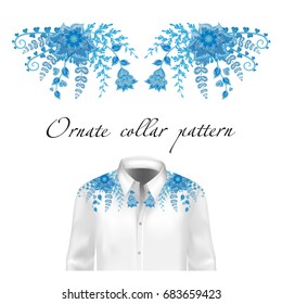 Vector design for collar shirts and blouses. Colorful ethnic flowers neck line. Embroidery for Fashion. Blue.