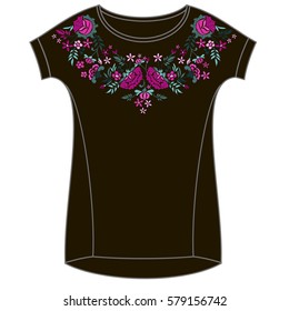 Vector design for collar t-shirts and blouses. Colorful ethnic flowers neck line. Embroidery for Fashion