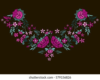 Vector design for collar t-shirts and blouses. Colorful ethnic flowers neck line. Embroidery for Fashion