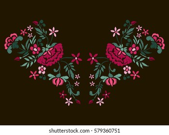 Vector design for collar t-shirts and blouses. Colorful ethnic flowers neck line. Embroidery for Fashion