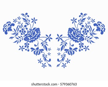 Vector design for collar t-shirts and blouses. Blue ethnic flowers neck line. Embroidery for Fashion