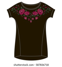 Vector design for collar t-shirts and blouses. Colorful ethnic flowers neck line. Embroidery for Fashion.