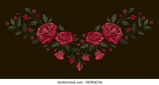 Vector design for collar t-shirts and blouses. Colorful ethnic flowers neck line. Embroidery for Fashion. Red roses embroidery on black background. 