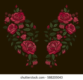 Vector design for collar t-shirts and blouses. Embroidery for Fashion. Red roses embroidery on black background. 