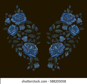 Vector design for collar t-shirts and blouses. Embroidery for Fashion. Blue roses embroidery on black background. 