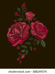 Vector design for collar t-shirts and blouses. Embroidery for Fashion. Red roses embroidery on black background. 