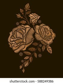 Vector design for collar t-shirts and blouses. Embroidery for Fashion. Gold roses embroidery on black background. 