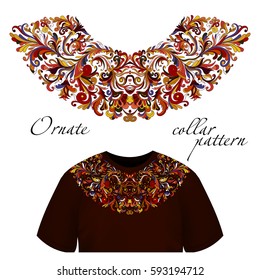 Vector design for collar t-shirts and blouses. Colorful ethnic flowers neck line. Embroidery for Fashion. Hot eastern colors.