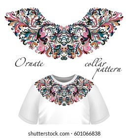 Vector design for collar t-shirts and blouses. Colorful ethnic flowers neck line. Embroidery for Fashion. Pastel colors with black outline.