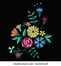 Vector design for collar t-shirts and blouses. Colorful ethnic flowers neck line. Embroidery for Fashion. Vector illustration.
