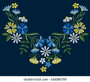 Vector design for collar t-shirts and blouses. Colorful ethnic flowers neck line. Embroidery for Fashion. Vector illustration.