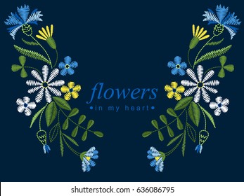 Vector design for collar t-shirts and blouses. Colorful ethnic flowers neck line. Embroidery for Fashion. Vector illustration.