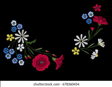 Vector design for collar t-shirts and blouses. Colorful ethnic flowers neck line. Embroidery for Fashion. Vector illustration.