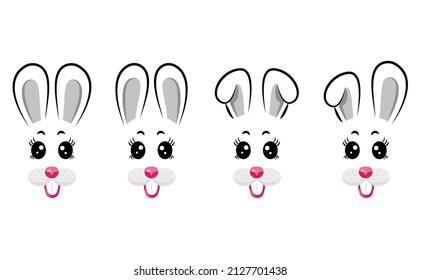 Diseño vectorial de la colección de máscaras de conejo de dibujos animados con orejas grises y rosas sobre fondo blanco aislado