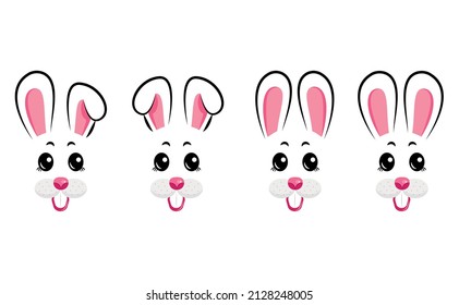 Vector design of collection of cartoon rabbit masks with gray and pink ears on white isolated background