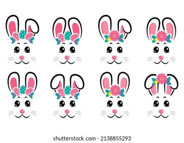 Vector design of collection of cartoon rabbit masks with gray and pink ears on white isolated background