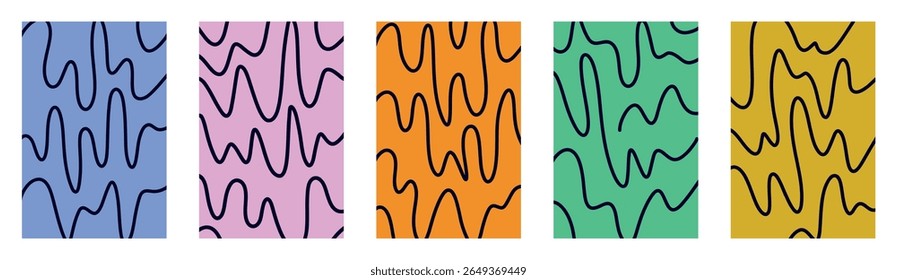 Vector design collection with curvy funky childish doodle lines on solid backgrounds in playful vibrant tones. Abstract art with hand drawn wriggly waves in bold blue pink orange green yellow colors.